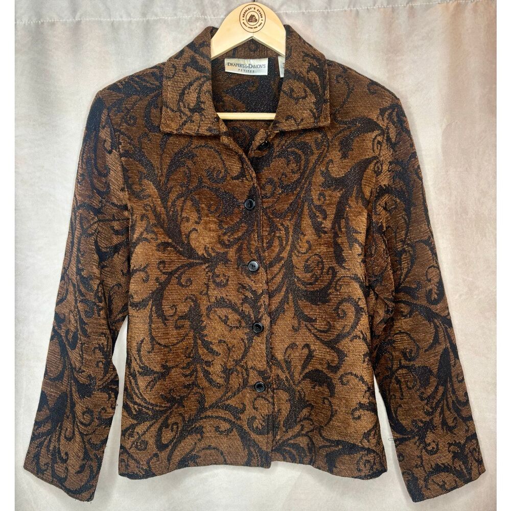 Vtg Drapers & Damons Tapestry Overcoat Jacket PM Brown Scroll Metallic